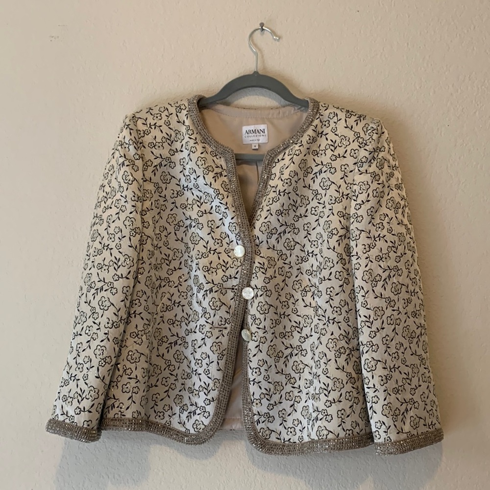 Armani Collezioni - Silver Blazer W/ Floral Metallic Embroidery Sz 12